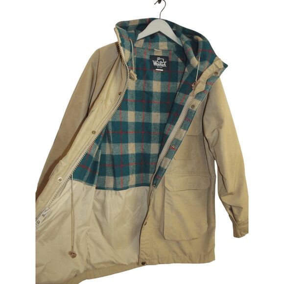 WOOLRICH VINTAGE 70s Men's Parka Field Jacket Wool Plaid Lining Tan Size M USA - Picture 4 of 8